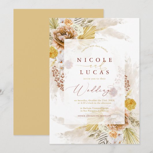 Fall Terracotta Autumn Boho Pampas Grass Wedding 招待状 (正面/裏面)