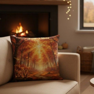 Fall Vibes Throw Pillow – Cozy Autumn Forest クッション
