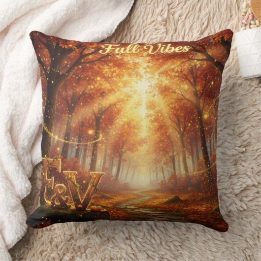 Fall Vibes Throw Pillow – Cozy Autumn Forest クッション (ブランケット)