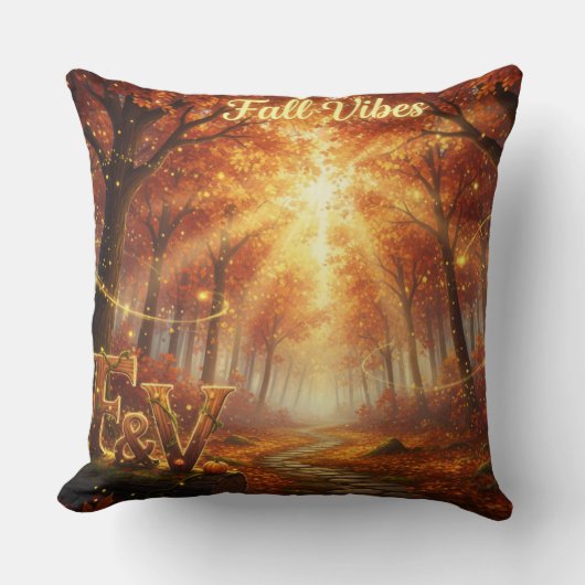 Fall Vibes Throw Pillow – Cozy Autumn Forest クッション (正面)