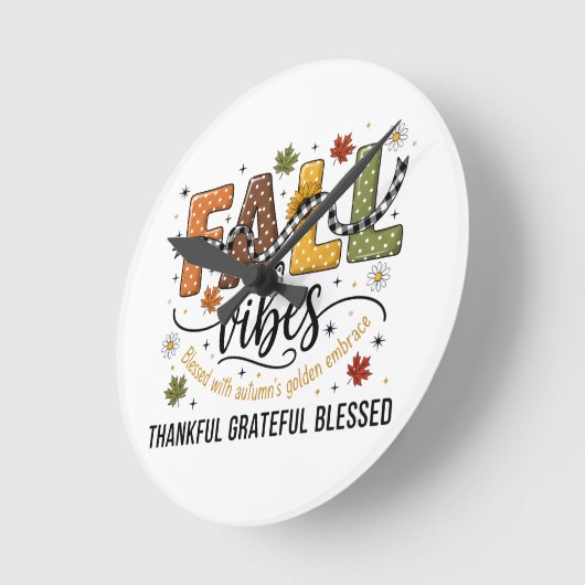 Fall Vibes Wall Clock – Thankful Grateful Blessed  ラウンド壁時計 (傾斜)