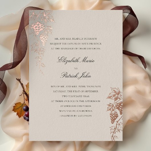 Fall Vineyard Winery Modern Classic Wheat Wedding 箔招待状