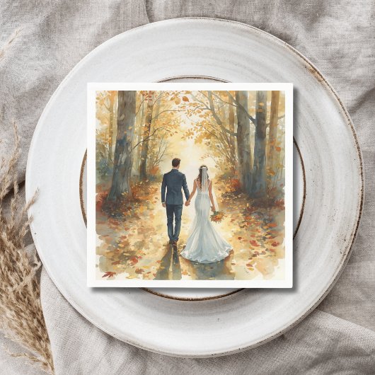 Fall Watercolor Bride & Groom Painted Wedding  スタンダードカクテルナプキン