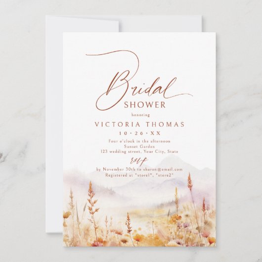 Fall Watercolor Wildflower Mountain Bridal Shower 招待状 (正面)