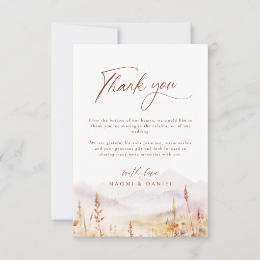 Fall Watercolor Wildflower Mountain Rustic Wedding サンキューカード (正面)