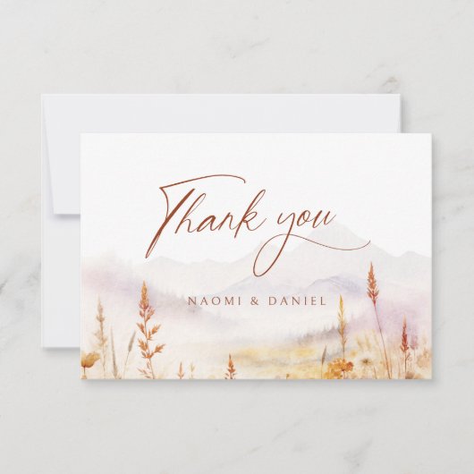 Fall Watercolor Wildflower Mountain Rustic Wedding サンキューカード (正面)