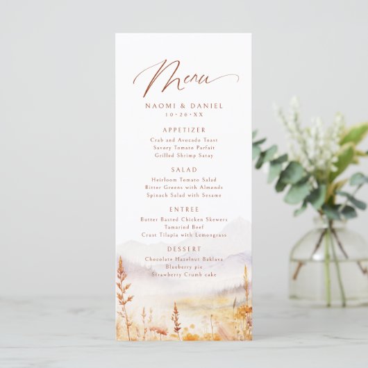 Fall Watercolor Wildflower Mountain Rustic Wedding メニュー (スタンド正面)