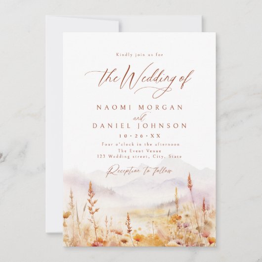 Fall Watercolor Wildflower Mountain Rustic Wedding 招待状 (正面)
