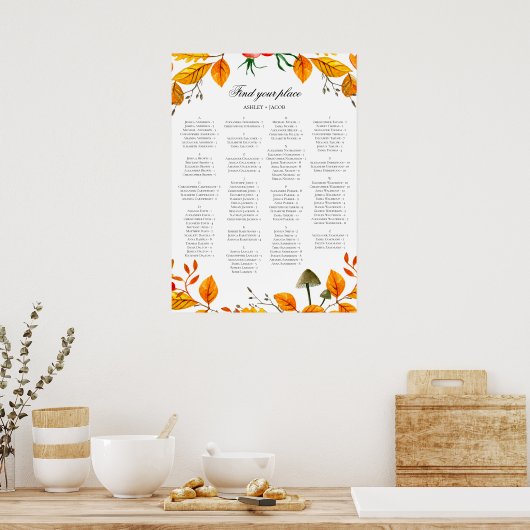 Fall wedding alphabet seating chart. Yellow autumn ポスター (キッチン)