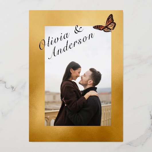 Fall Wedding Floral Monarch Blue Gold 箔招待状 (裏面)