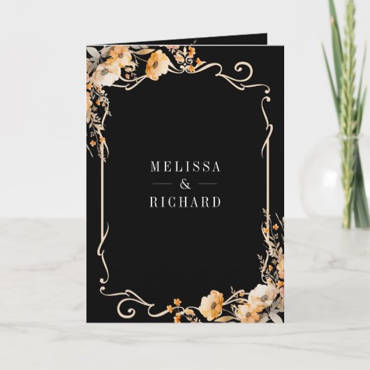 Fall Wildflower Crest Black QR Code Wedding 招待状 (正面)