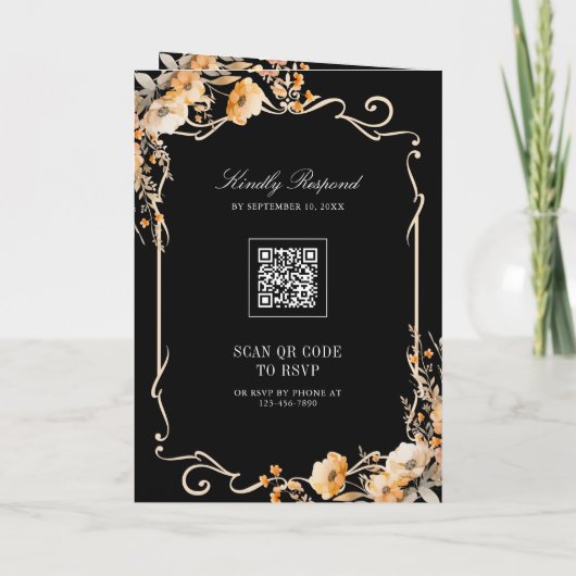 Fall Wildflower Crest Black QR Code Wedding 招待状 (裏面)