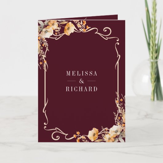 Fall Wildflower Crest Burgundy QR Code Wedding 招待状 (正面)