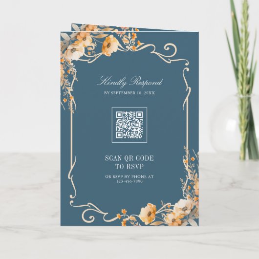 Fall Wildflower Crest Dusty Blue QR Code Wedding 招待状 (裏面)