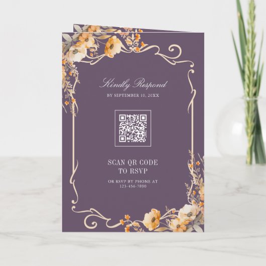 Fall Wildflower Crest Dusty Purple QR Code Wedding 招待状 (裏面)