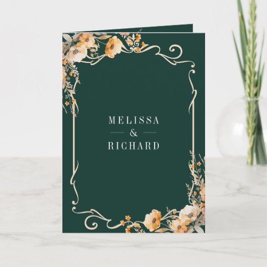 Fall Wildflower Crest Emerald QR Code Wedding 招待状 (正面)