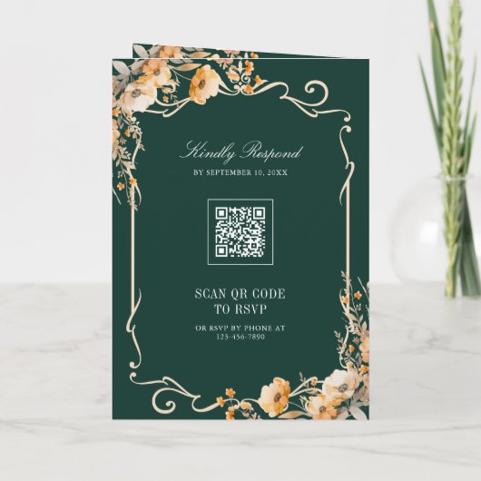 Fall Wildflower Crest Emerald QR Code Wedding 招待状 (裏面)