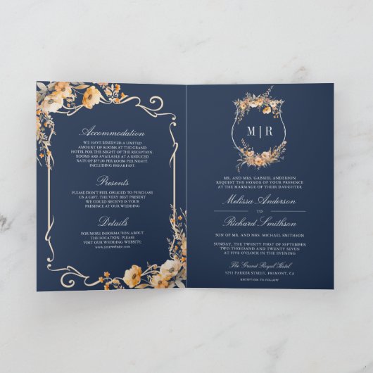 Fall Wildflower Crest Navy Blue QR Code Wedding 招待状 (内部)