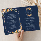 Fall Wildflower Crest Navy Blue QR Code Wedding 招待状