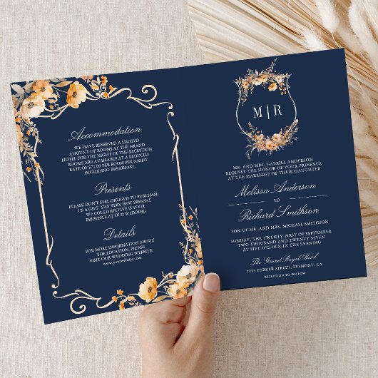 Fall Wildflower Crest Navy Blue QR Code Wedding 招待状
