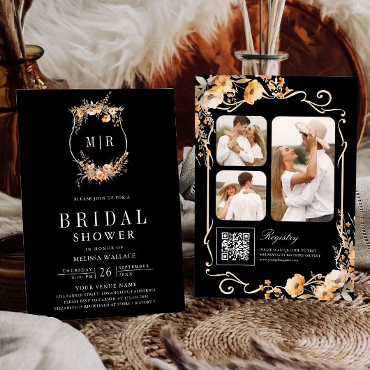 Fall Wildflower Crest QR Code Black Bridal Shower 招待状