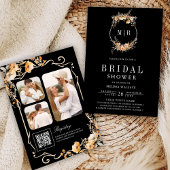 Fall Wildflower Crest QR Code Black Bridal Shower 招待状