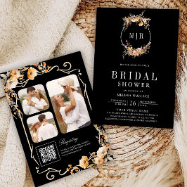 Fall Wildflower Crest QR Code Black Bridal Shower 招待状