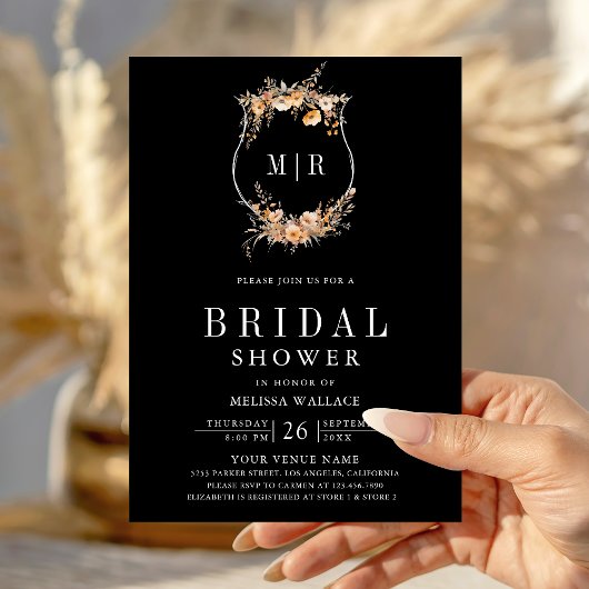 Fall Wildflower Crest QR Code Black Bridal Shower 招待状