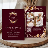 Fall Wildflower Crest QR Code Burgundy Wedding セーブザデート