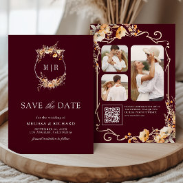 Fall Wildflower Crest QR Code Burgundy Wedding セーブザデート