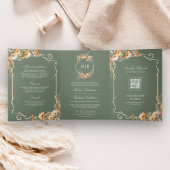 Fall Wildflower Crest Sage Green QR Code Wedding 三つ折り招待状