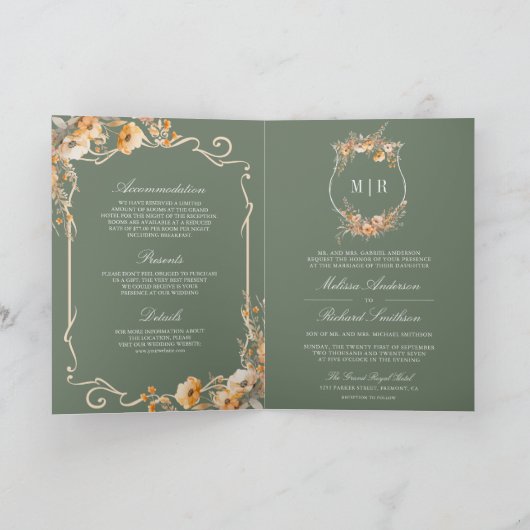 Fall Wildflower Crest Sage Green QR Code Wedding 招待状 (内部)
