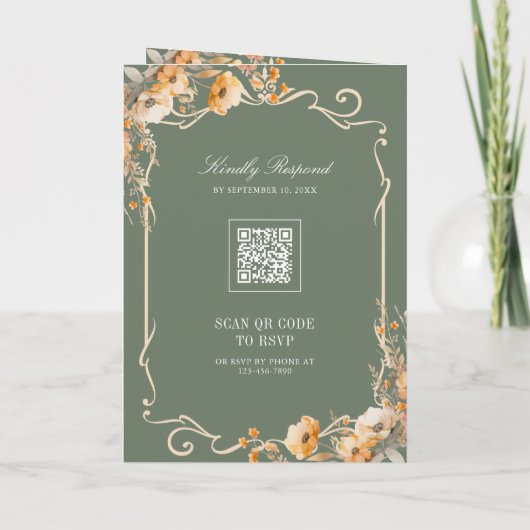 Fall Wildflower Crest Sage Green QR Code Wedding 招待状 (裏面)