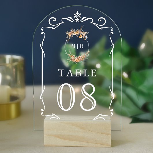 Fall Wildflower Crest Wedding Acrylic Table Number アクリル招待状