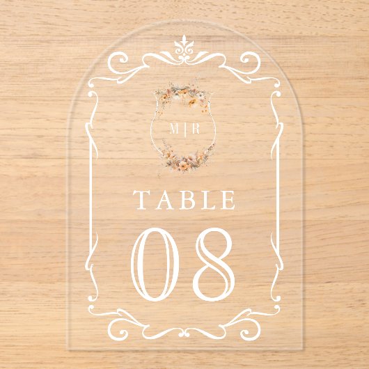 Fall Wildflower Crest Wedding Acrylic Table Number アクリル招待状 (正面)