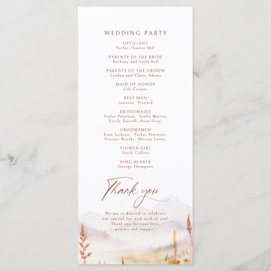 Fall Wildflower Mountain Rustic Wedding Programs メニュー (裏面)