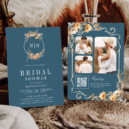 Fall Wildflower QR Code Dusty Blue Bridal Shower 招待状