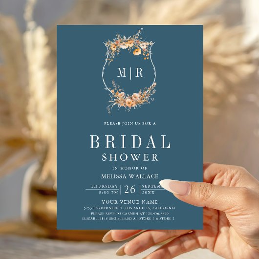 Fall Wildflower QR Code Dusty Blue Bridal Shower 招待状