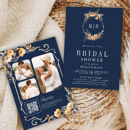 Fall Wildflower QR Code Navy Blue Bridal Shower 招待状