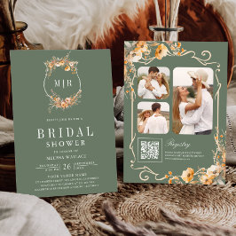 Fall Wildflower QR Code Sage Green Bridal Shower 招待状