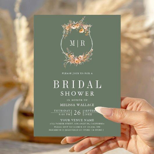 Fall Wildflower QR Code Sage Green Bridal Shower 招待状