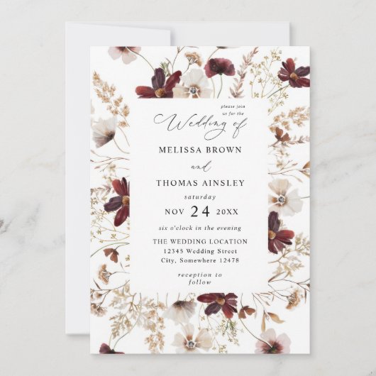 Fall Wildflowers Floral Budget QR Code Wedding 招待状 (正面)