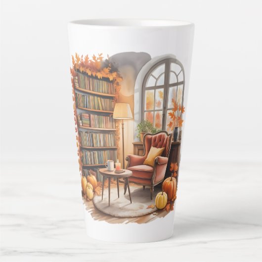 Fall Window Reading Tasses — Cozy Chair & Books カフェラテマグ (正面)