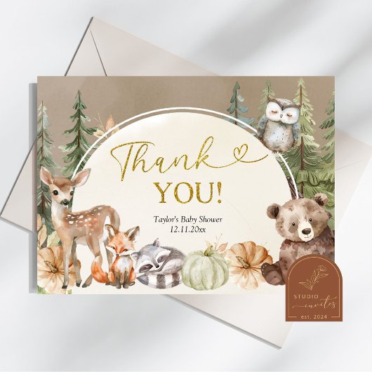 Fall woodland animal pumpkin thank you card サンキューカード