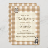Fall Woodland Animals Brown Gingham Thanksgiving 招待状 (正面/裏面)