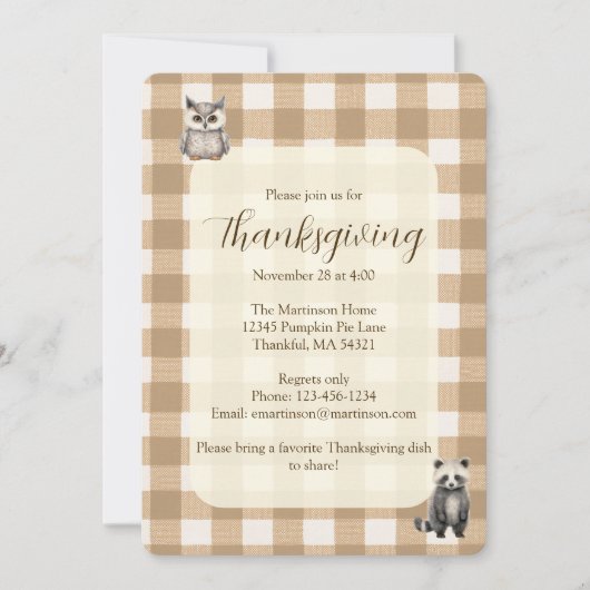 Fall Woodland Animals Brown Gingham Thanksgiving 招待状 (正面)