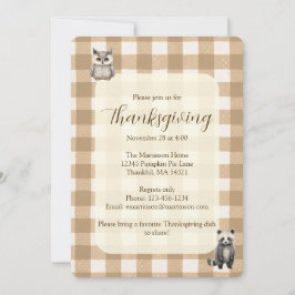 Fall Woodland Animals Brown Gingham Thanksgiving 招待状