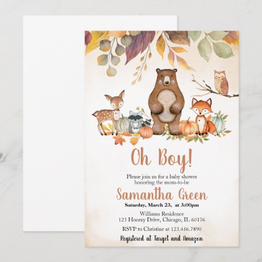 Fall Woodland Baby Shower Invitation 招待状 (正面/裏面)
