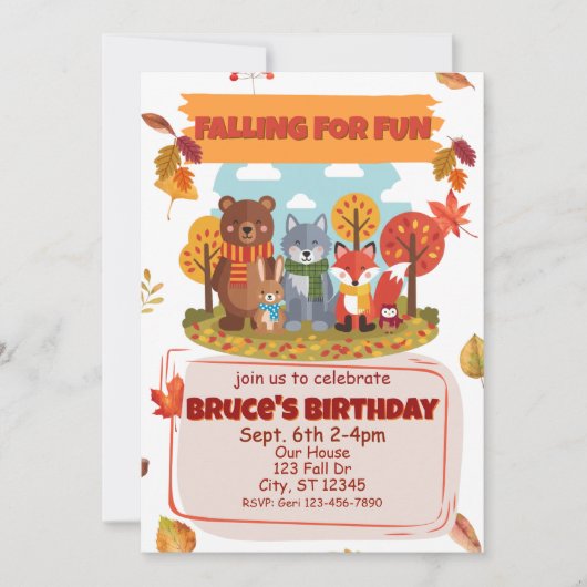 Falling for Fun, Woodland Animal Birthday  招待状 (正面)