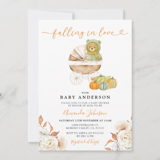 Falling In Love Bear Stroller Pumpkin Baby Shower 招待状 (正面)